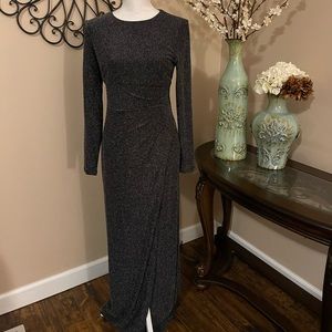 Ralph Lauren Silver Metallic Ruched Long Sleeve Dress